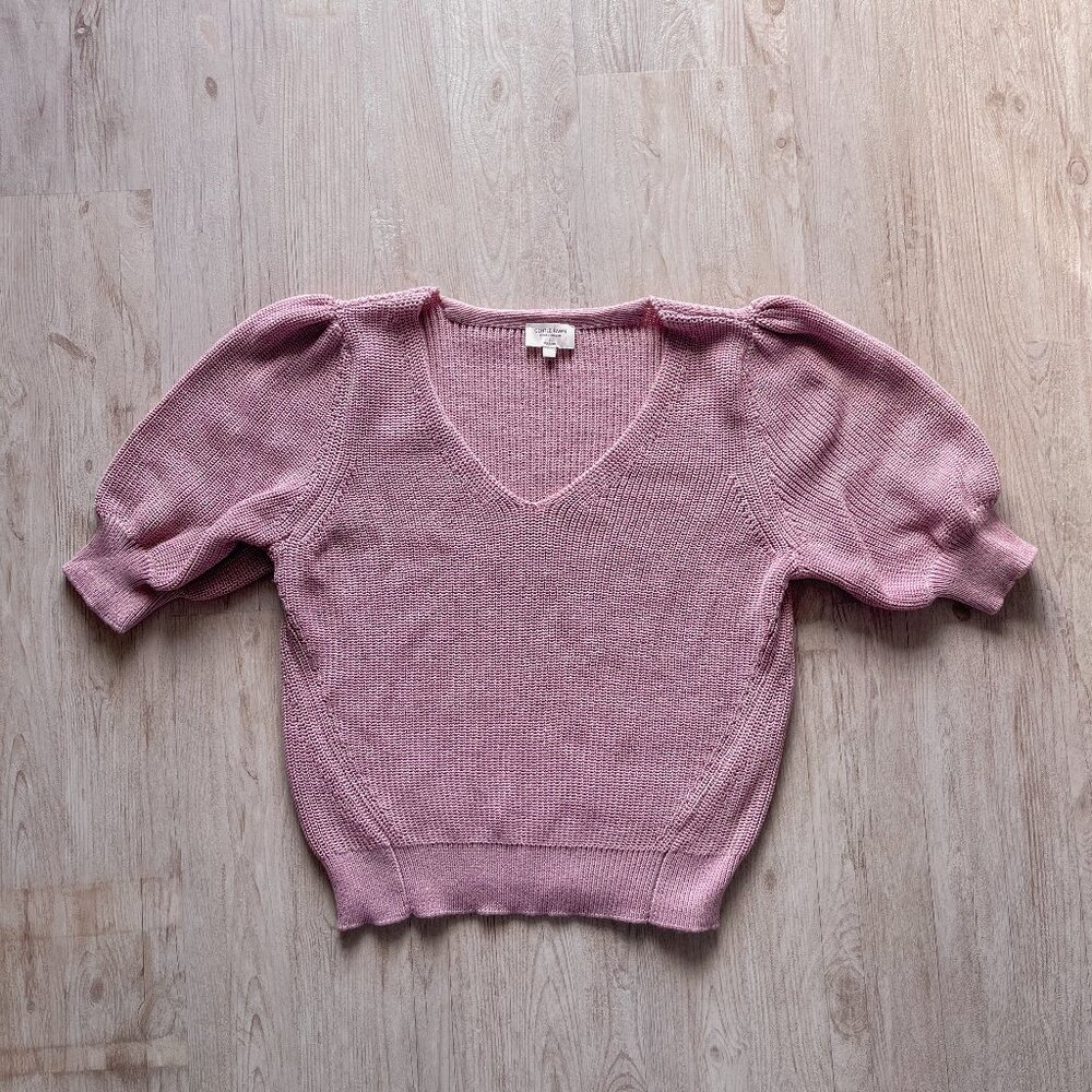 NWOT Gentle Fawn Phoebe V-Neck Sweater with Puff Sleeves - Pink